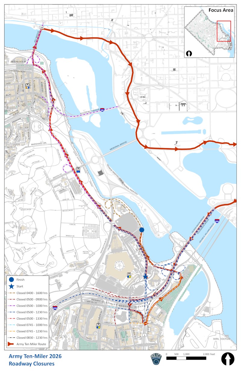 Army Ten-Miler 2026 roadway closures map showing the race route and timed closures from the Pentagon through Rosslyn and into D.C.